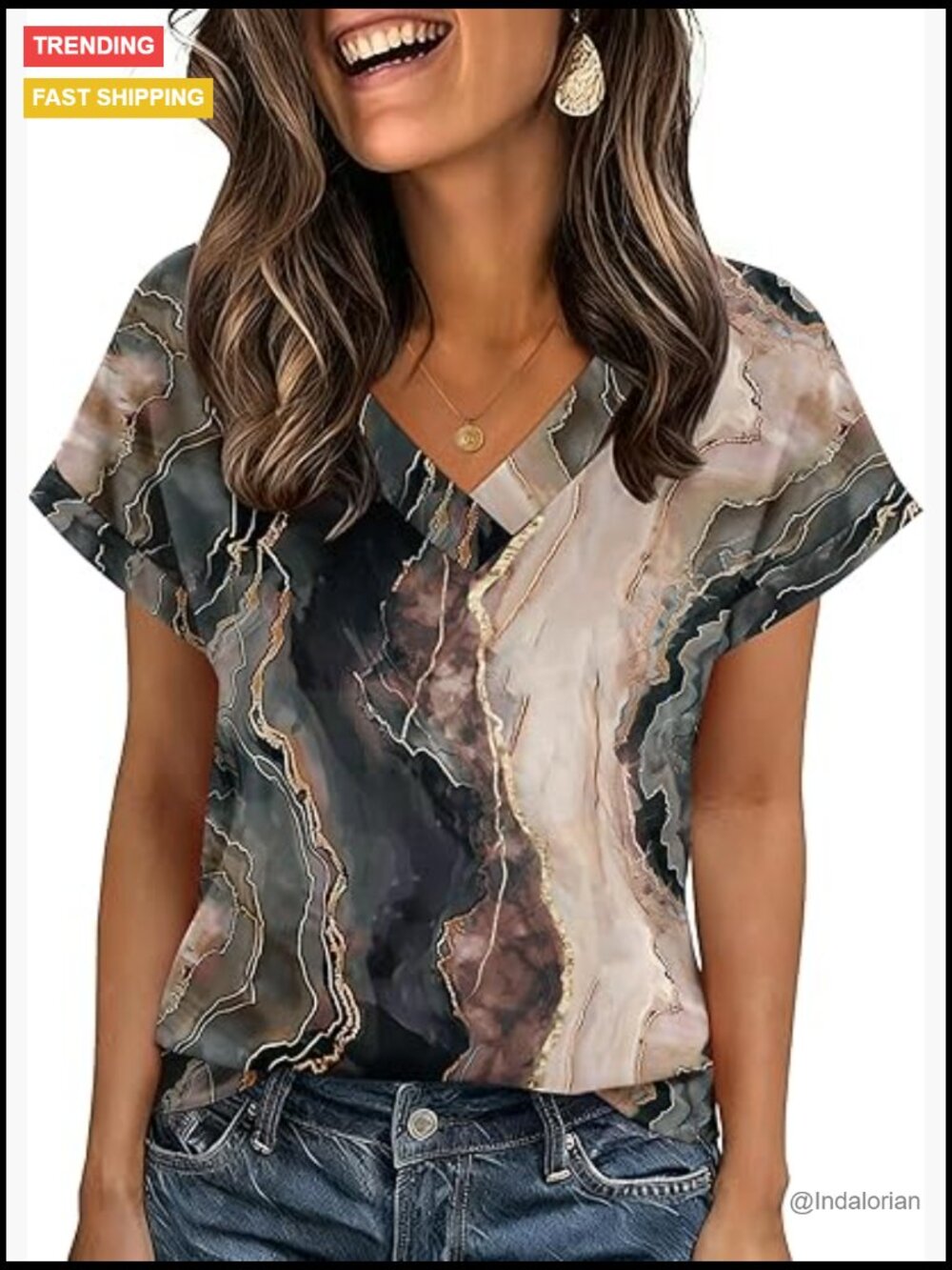 Marble Print V-Neck Short Sleeve Tee - Black & Cream
